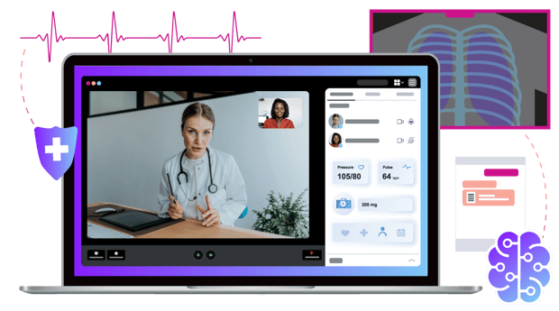 Video API interface on laptop showcasing a doctor with supporting AI imagery surrounding it