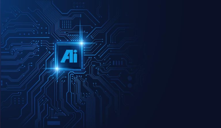 AI letters on the left half an illuminated circuit board design that fades to dark blue on the right half