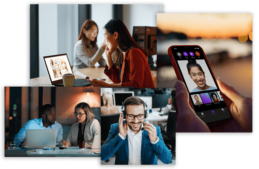 collage of photos showing woan on laptop working, person doing video call on mobile device, mand and woman looking at a laptop, and a contact center agent smiling and talking into his headset