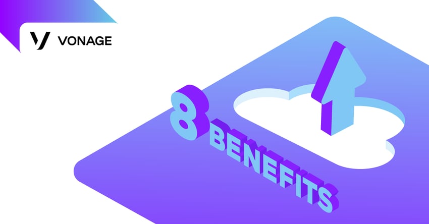 Illustration of the number eight and the word benefits. Beside them is the image of a cloud with an arrow pointing up, representing positive results of cloud computing.